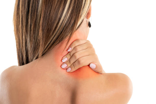 Pain. Woman touching her neck. Massaging neck. Pain. Woman touching her neck. Massaging neck. hernia photos stock pictures, royalty-free photos & images