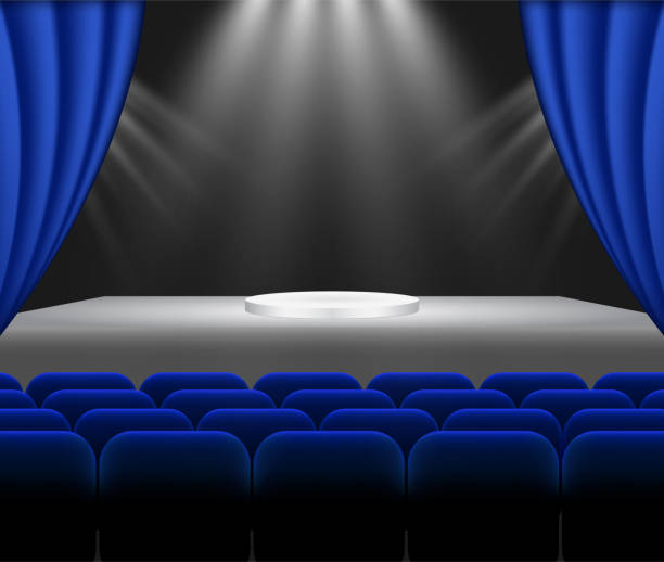 講師、講演者、カリスマリーダー、会議、書籍、ガジェットプレゼンテーション、歌手のためのパフォーマンス講堂。光、青い椅子の光るプロジェクター光線を照らす。ベクターの背景。 - curtain movie theater stage theatrical performance点のイラスト素材／クリップアート素材／マンガ素材／アイコン素材
