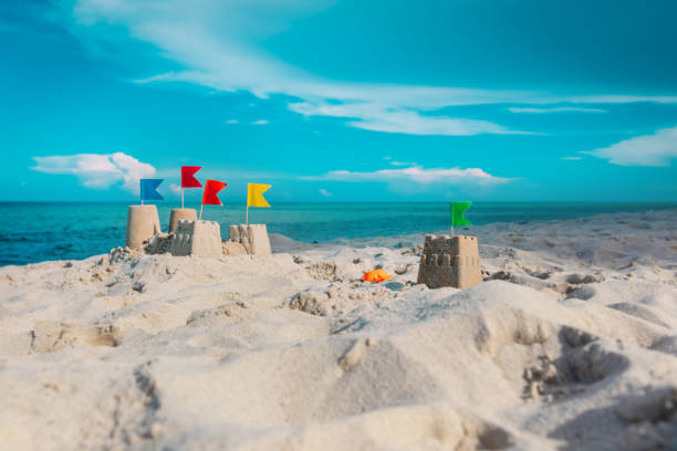 istock Sand castle on beach vacation and toys 1190638712