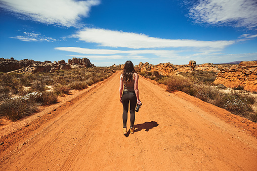 Rearview shot of a young woman holding a camera while standing on a dirt road in a rural landscape