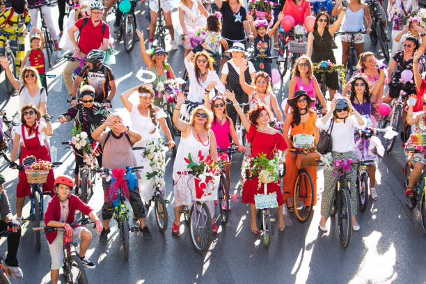 Bicycle loving womens meeting at Alsancak-Izmir, Turkey stock photo