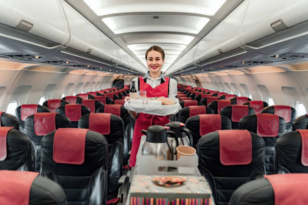 istock Nice smiling air hostess standing with food tray 1190644911