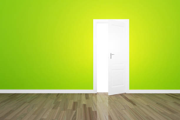 Green wall with opened door and light. opportunity
