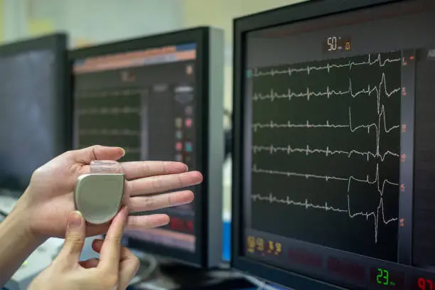 Photo of Doctor Hand hold Pacemaker device with screen of EKG monitoring background