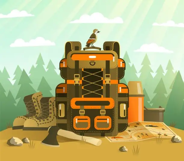 Vector illustration of Camping backpack and tourist stuff