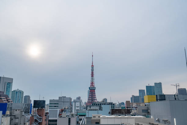 conceito do negócio de ásia para bens imobiliários e construção incorporada - vista aérea urbana panorâmico da skyline da cidade o céu azul e o dia ensolarado no hamamatsucho, tokyo, japão - hamamatsucho - fotografias e filmes do acervo