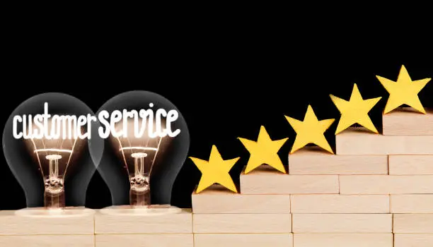 Photo of five stars on wooden block ladder and light bulbs with shining fibers in a shape of Customer Service concept isolated on black background.