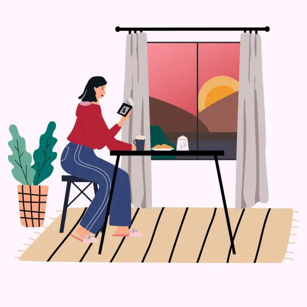 Vector illustration of Woman sitting at the table, reading book, drinking coffee. Young girl have breakfast at home. Morning time, sunrise outside. Everyday routine. Flat vector in cute cartoon style