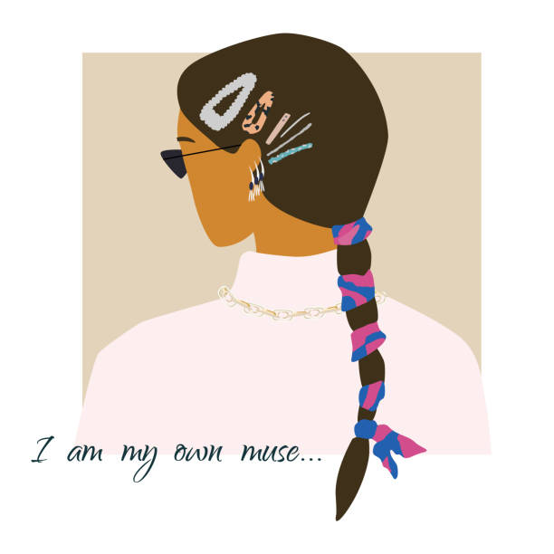 Fashion woman backside portrait  in warm sweater, trendy pigtail and accessories .  Stylish earrings and glasses. Own muse text. Vector illustration for print, t-shirt design, poster, banner, tote bag Fashion woman backside portrait  in warm sweater, trendy pigtail and accessories .  Stylish earrings and glasses. Own muse text. Vector illustration for print, t-shirt design, poster, banner hair clip stock illustrations