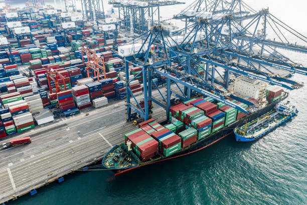 istock Aerial view of colorful container terminal 1190654905