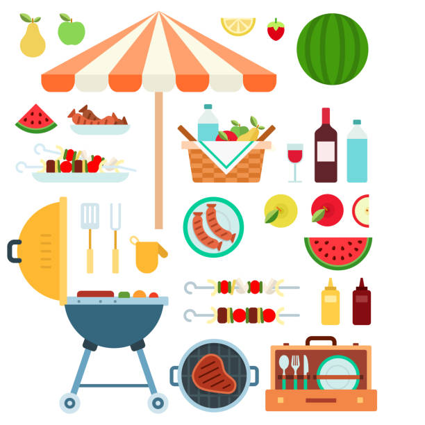 ilustrações de stock, clip art, desenhos animados e ícones de summer barbecue, grill flat vector illustration. - barbecue chicken illustrations