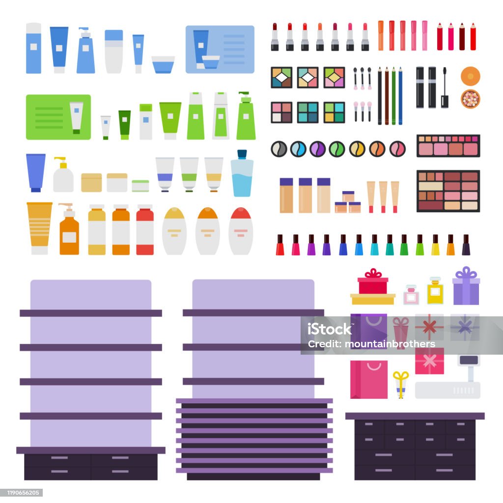 Stands and cosmetic products vector flat illustration. Set with lipstick, eye shadow, nail polish, mascara, cream, web shop. Isolated on white Stands and cosmetic products vector flat illustration. Set with gift boxes, nail polish, shampoo, body lotion, powder, rouge for web shop. Isolated on white background. Plastic Bag stock vector