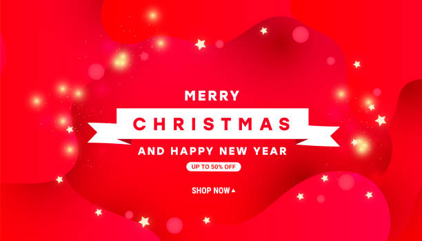 istock Horizontal Christmas greeting card with liquid red shape and glitter decorative on red background 1190662373