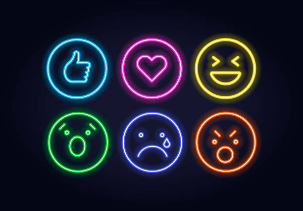 Neon style emoticon set. Thumb up, heart, anger, sadness, delight and laughing. vector art illustration