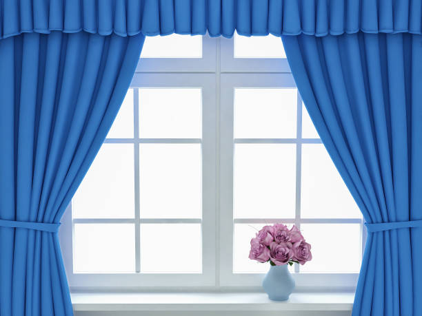 istock Window with blue curtains and roses. 3d render 1190669822
