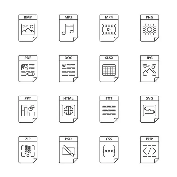 Vector illustration of Files format linear icons set