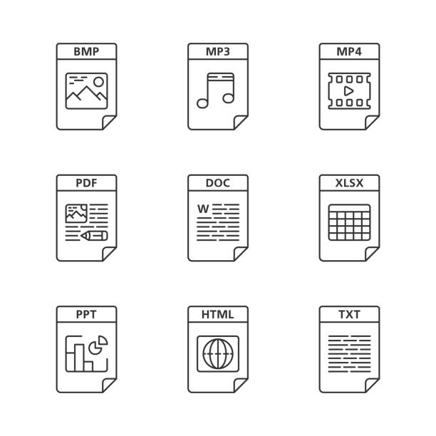 ilustrações, clipart, desenhos animados e ícones de formato de arquivos ícones lineares definidos - pdf symbol document icon set