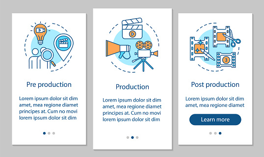 Video production onboarding mobile app page screen vector template. Film making process. Cinematography. Walkthrough website steps with linear illustrations. UX, UI, GUI smartphone interface concept