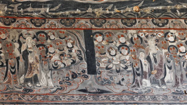 restos de frescos pintados-cuevas budistas mogao exteriores. dunhuang-gansu provincia-china-0627 - dunhuang fotografías e imágenes de stock