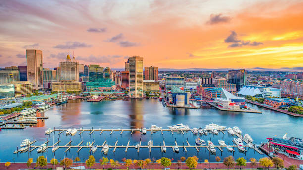 Baltimore Maryland MD Inner Harbor Skyline Aerial Baltimore Maryland MD Inner Harbor Skyline Aerial. promenade photos stock pictures, royalty-free photos & images