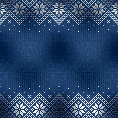 Knitted seamless background with copyspace. Blue and white sweater pattern for Christmas or winter design. Traditional scandinavian border ornament and place for text. Vector illustration.