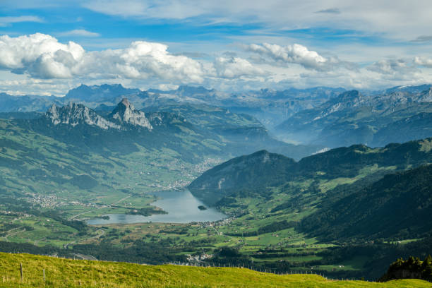 Lake Lauerzersee and Grosser Mythen peak as seen from Rigi Kulm peak Lake Lauerzersee and Grosser Mythen peak as seen from Rigi Kulm peak, Switzerland schwyz stock pictures, royalty-free photos & images