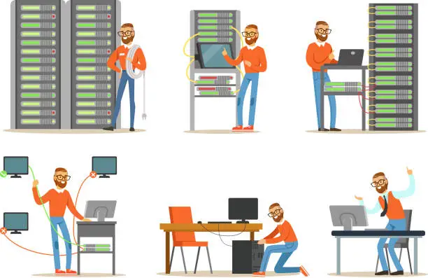 Vector illustration of Man Engineer Working in Server Room. Digital Computer Center and Data Support