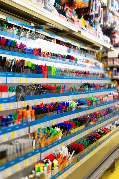 istock Colorful pen shelves in office supply store 1190681468