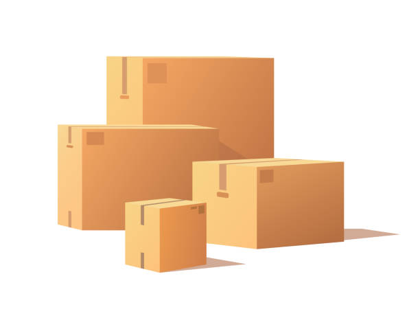 Containers of Different Size, Carton Storage Boxes Containers of different size, carton boxes for storage fragile products. Box for shipping and transportation products vector isolated 3D icons and signs big cardboard box stock illustrations
