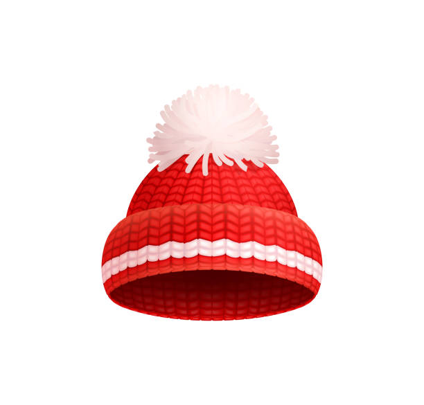 ÐÐ»Ñ ÐнÑеÑнеÑа Knitted red hat with white pom-pom vector icon isolated. Warm headwear item, winter cloth thick woolen chunky yarn, hand knitting crochet headdress chunky sweater stock illustrations
