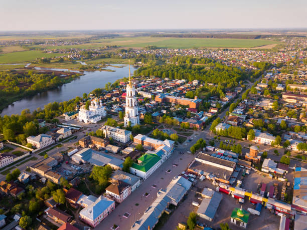 Aerial view of Shuya cityscape with Resurrection Cathedral Aerial panoramic view of Shuya cityscape on bank of Teza River with Resurrection Cathedral and belfry, Russia ivanovo oblast photos stock pictures, royalty-free photos & images