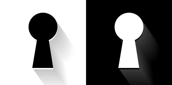 Key Hole  Black and White Icon with Long Shadow. This 100% royalty free vector illustration is featuring the square button and the main icon is depicted in black and in white with a black icon on it. It also has a long shadow to give the icons more depth.