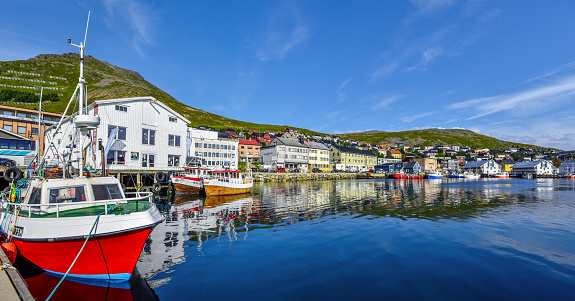 Honningsvag, Norway - August 10, 2017 Panoramic view of Honningsvag town and bay in Mageroya island.  Nordkapp Municipality in Finnmark county.