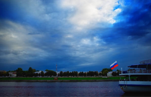 Russian flag on the sail boat background