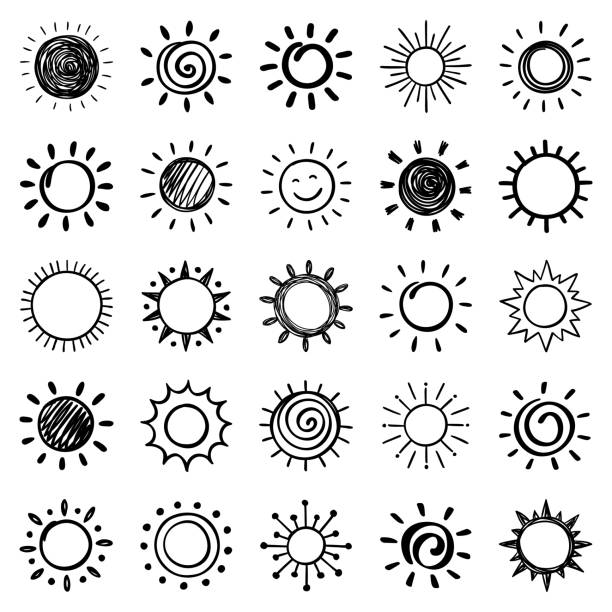 illustrazioni stock, clip art, cartoni animati e icone di tendenza di set di icone del sole disegnate a mano - sole illustrazioni
