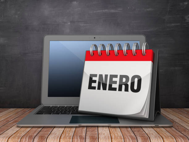 istock ENERO Calendar with Computer Laptop - Spanish Word - Chalkboard Background - 3D Rendering 1190690776