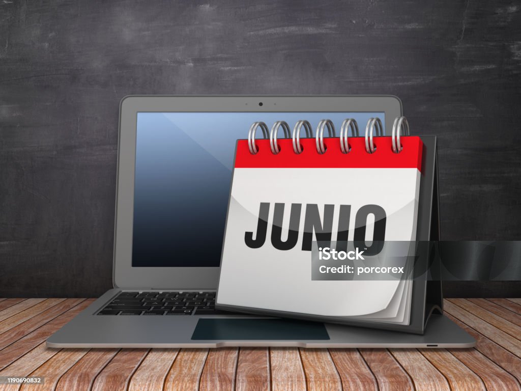 JUNIO Calendar with Computer Laptop - Spanish Word - Chalkboard Background - 3D Rendering JUNIO Calendar with Computer Laptop on Chalkboard Background - 3D Rendering 2020 Stock Photo