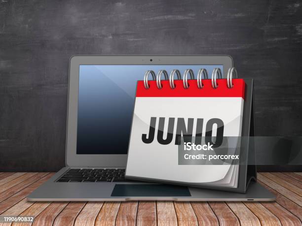 Junio Calendar With Computer Laptop Spanish Word Chalkboard Background 3d Rendering Stock Photo - Download Image Now