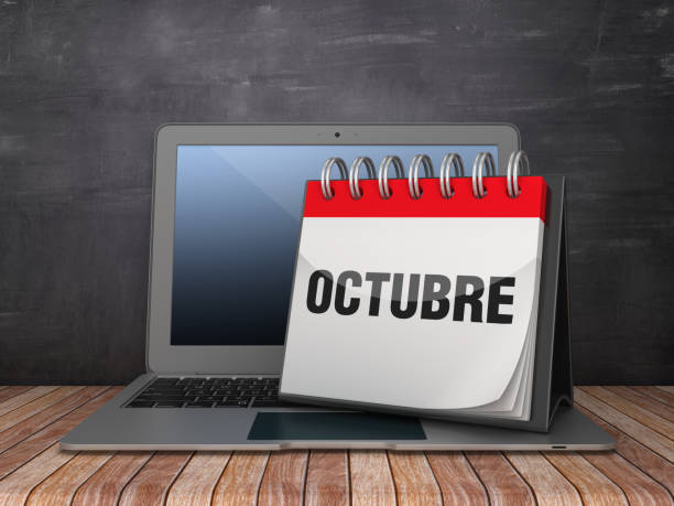 istock OCTUBRE Calendar with Computer Laptop - Spanish Word - Chalkboard Background - 3D Rendering 1190690902