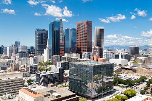Financial district, business center Century City in Los Angeles, aerial view, California, USA.