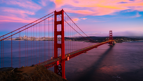 Golden gate bridge Perfect Sunset over San Francisco California pink clouds wide panormaic view blue hour