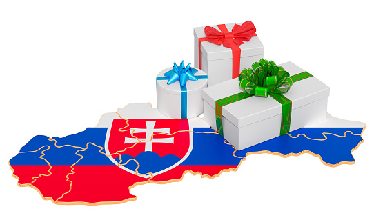 Gift boxes on the Slovak map. Christmas and New Year holidays in Slovakia concept. 3D rendering isolated on white background