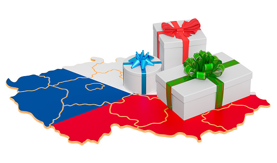Gift boxes on the Czech Republic map. Christmas and New Year holidays in Czech Republic concept. 3D rendering isolated on white background
