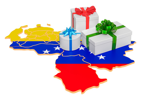 Gift boxes on the Venezuelan map. Christmas and New Year holidays in Venezuela concept. 3D rendering isolated on white background