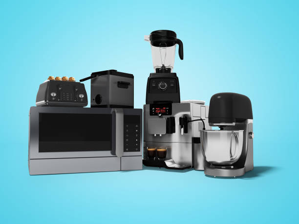 istock Group of kitchen appliances automatic professional coffee machine toaster mixer 3d render on blue background with shadow 1190697138