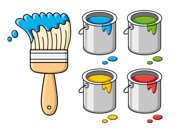 블루 페인트 브러시와 양동이 수 색상 - paintbrush paint paint can drop stock illustrations