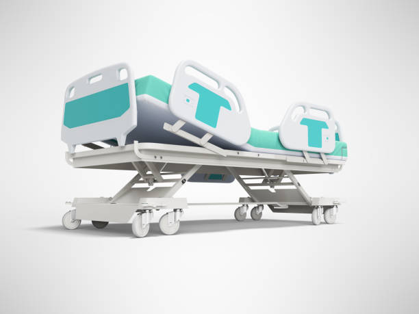istock Blue hospital bed with lifting mechanism on stand alone remote control 3D render on gray background with shadow 1190698774