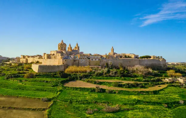 Mdina city - old capital of Malta. Aerial landscape, sunny day, blue sly, winter, a lot of green grass, field. Malta country