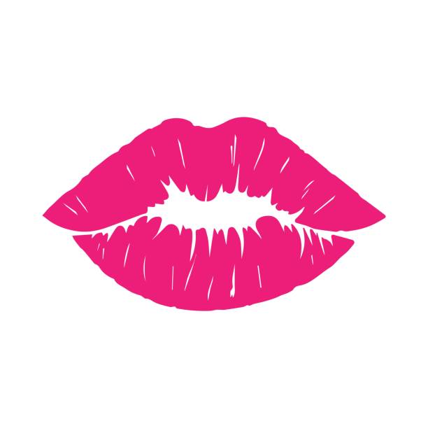 stockillustraties, clipart, cartoons en iconen met roze lipstick geploegd vrouwelijke lip symbool. geïsoleerde vector illustratie - kiss