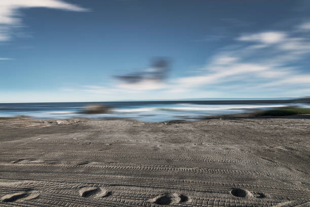 Empty sand beach with tyre tracks against sky, carmel beach,California,USA.